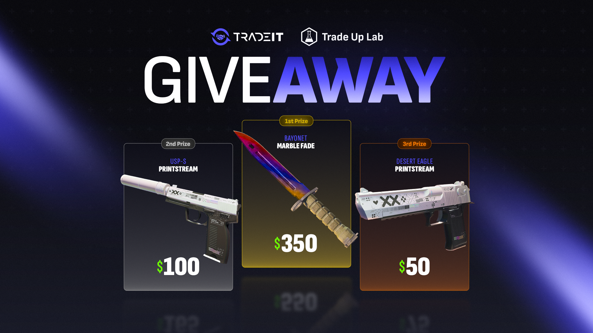 Tradeit x Trade Up Lab giveaway: Bayonet Marble Fade, USP-S Printstream, Desert Eagle Printstream